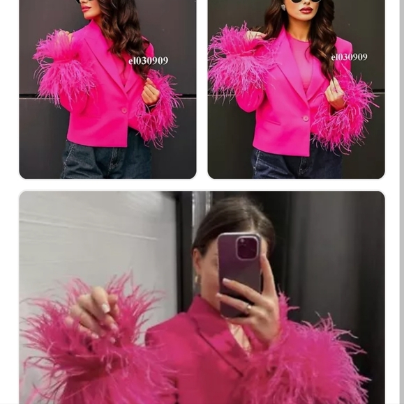 ZARA CROPPED BLAZER WITH FEATHERS NEON FUCHSIA NEW - Picture 4 of 5